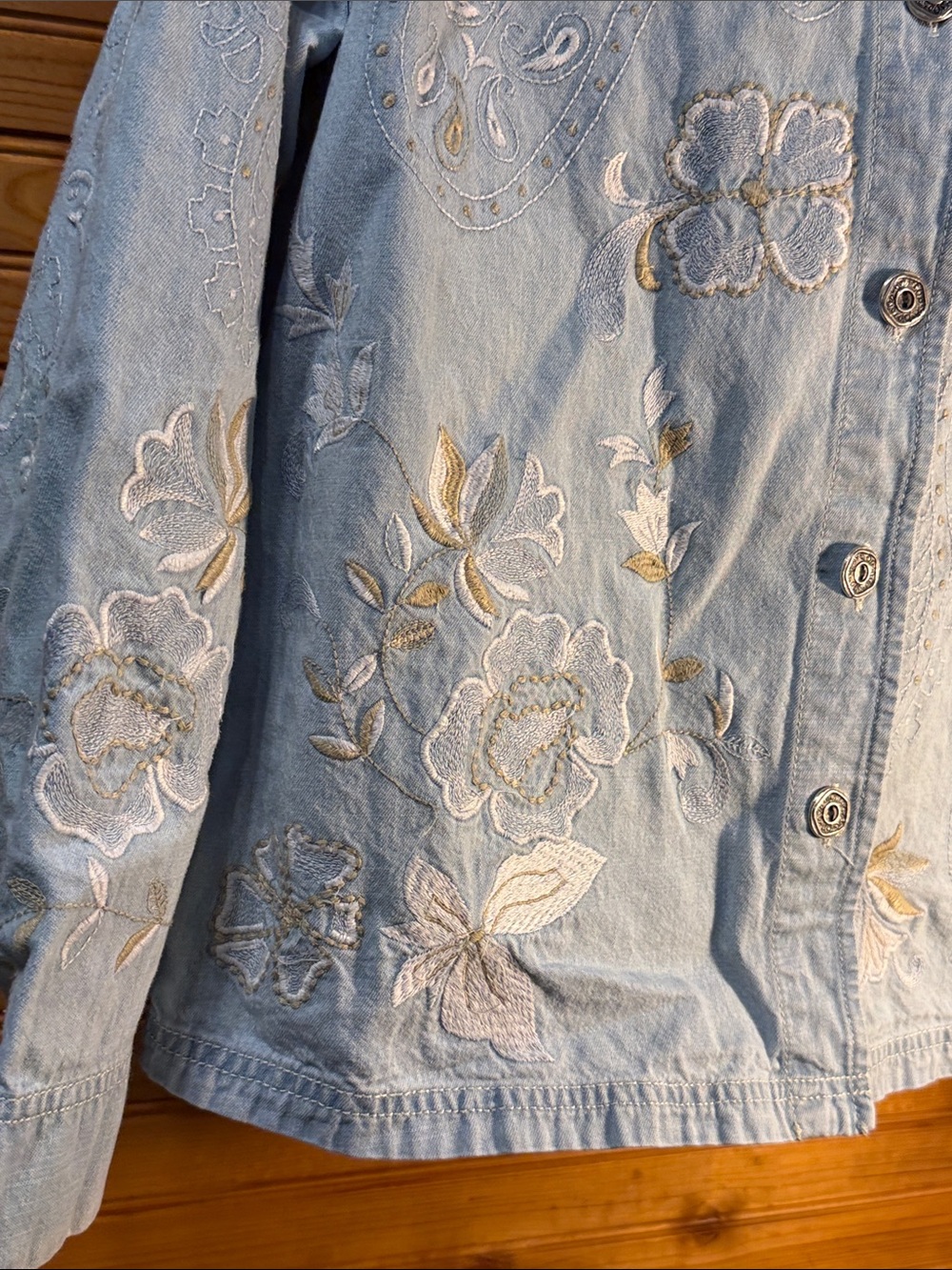 Chico's Light Blue Embroidered Denim shirt with Floral Accents - Picture 5 of 7